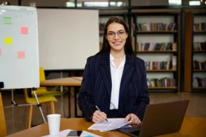 Profissional em ambiente corporativo analisando dados e planejando estratégias, representando o desenvolvimento de carreira por meio de um MBA